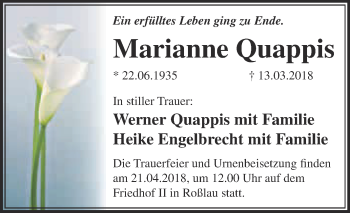 Traueranzeige von Marianne Quappis von WVG - Wochenspiegel Dessau / Köthen