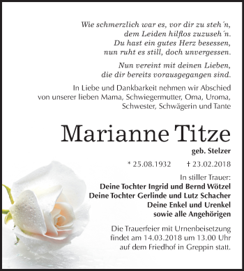 Traueranzeige von Marianne Titze von Mitteldeutsche Zeitung Bitterfeld