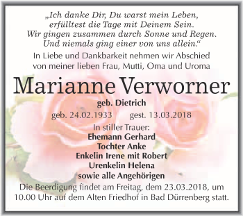 Traueranzeige von Marianne Verworner von Super Sonntag Merseburg