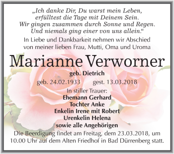 Traueranzeige von Marianne Verworner von Mitteldeutsche Zeitung Merseburg/Querfurt