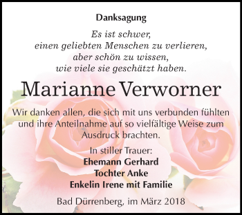 Traueranzeige von Marianne Verworner von Mitteldeutsche Zeitung Merseburg/Querfurt