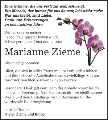 Traueranzeige von Marianne Zieme von WVG - Wochenspiegel Dessau / Köthen