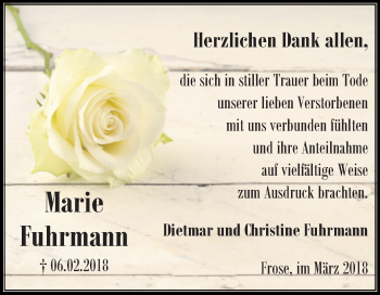 Traueranzeige von Marie Fuhrmann von Mitteldeutsche Zeitung Aschersleben