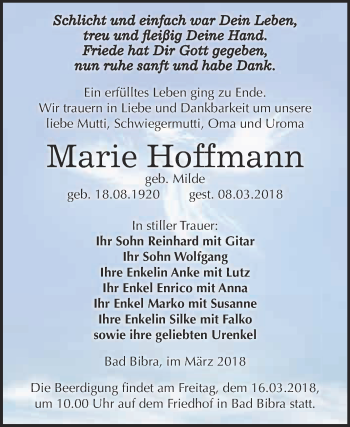 Traueranzeige von Marie Hoffmann von WVG - Wochenspiegel NMB / WSF / ZTZ