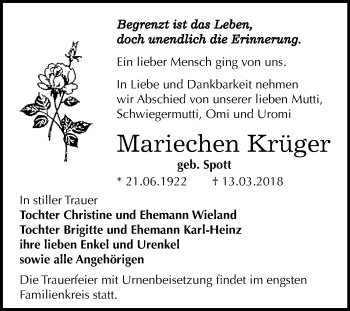 Traueranzeige von Mariechen Krüger von WVG - Wochenspiegel Bitterfeld