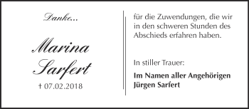 Traueranzeige von Marina Sarfert von WVG - Wochenspiegel Wittenberg