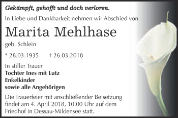Traueranzeige von Marita Mehlhase von WVG - Wochenspiegel Dessau / Köthen