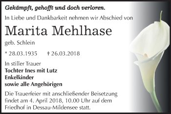 Traueranzeige von Marita Mehlhase von Mitteldeutsche Zeitung Dessau-Roßlau