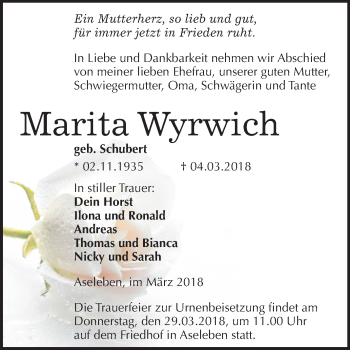 Traueranzeige von Marita Wyrwich von Mitteldeutsche Zeitung