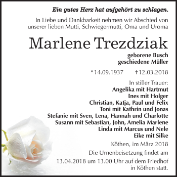 Traueranzeige von Marlene Trezdziak von Mitteldeutsche Zeitung
