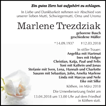 Traueranzeige von Marlene Trezdziak von WVG - Wochenspiegel Dessau / Köthen
