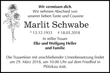 Traueranzeige von Marlit Schwabe von Mitteldeutsche Zeitung Bernburg
