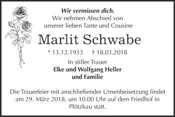 Traueranzeige von Marlit Schwabe von Super Sonntag Bernburg
