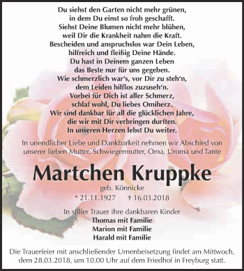 Traueranzeige von Martchen Kruppke von WVG - Wochenspiegel NMB / WSF / ZTZ