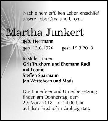 Traueranzeige von Martha Junkert von Mitteldeutsche Zeitung Köthen