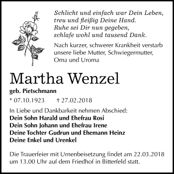 Traueranzeige von Martha Wenzel von Mitteldeutsche Zeitung Bitterfeld