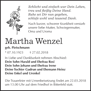 Traueranzeige von Martha Wenzel von WVG - Wochenspiegel Bitterfeld