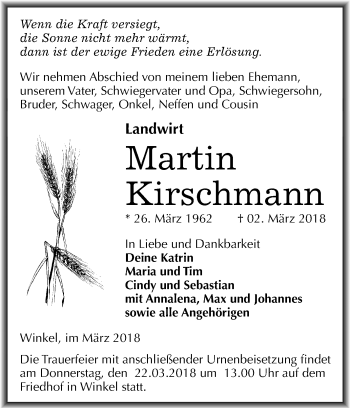 Traueranzeige von Martin Kirschmann von Mitteldeutsche Zeitung Sangerhausen
