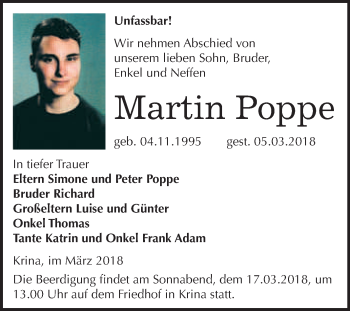 Traueranzeige von Martin Poppe von WVG - Wochenspiegel Bitterfeld