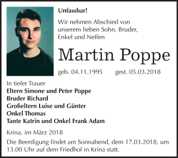 Traueranzeige von Martin Poppe von Mitteldeutsche Zeitung Bitterfeld