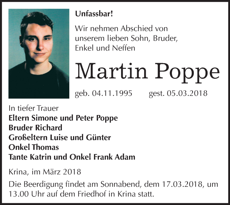  Traueranzeige für Martin Poppe vom 10.03.2018 aus Mitteldeutsche Zeitung Bitterfeld