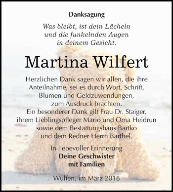 Traueranzeige von Martina Wilfert von WVG - Wochenspiegel Dessau / Köthen