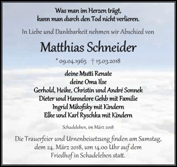 Traueranzeige von Matthias Schneider von Super Sonntag Aschersleben