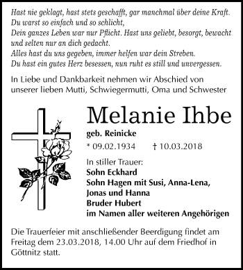 Traueranzeige von Melanie Ihbe von Mitteldeutsche Zeitung Bitterfeld