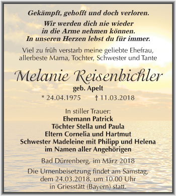 Traueranzeige von Melanie Reisenbichler von Mitteldeutsche Zeitung Merseburg/Querfurt