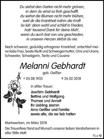 Traueranzeige von Melanni Gebhardt von Mitteldeutsche Zeitung Weißenfels
