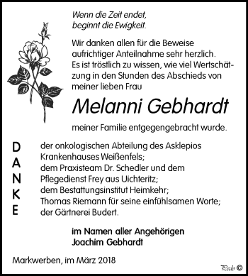 Traueranzeige von Melanni Gebhardt von Mitteldeutsche Zeitung Weißenfels