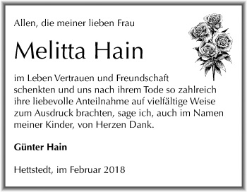 Traueranzeige von Melitta Hain von Mitteldeutsche Zeitung