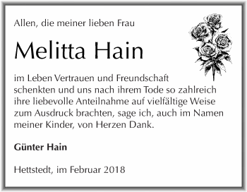 Traueranzeige von Melitta Hain von Super Sonntag SGH Mansf. Land