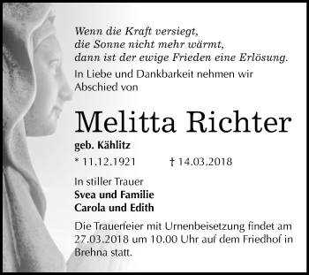 Traueranzeige von Melitta Richter von Mitteldeutsche Zeitung Bitterfeld