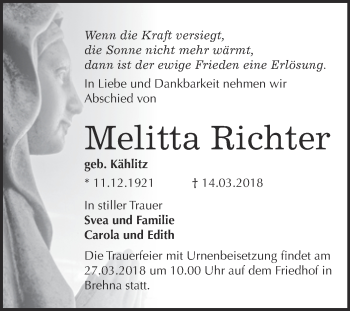 Traueranzeige von Melitta Richter von WVG - Wochenspiegel Bitterfeld