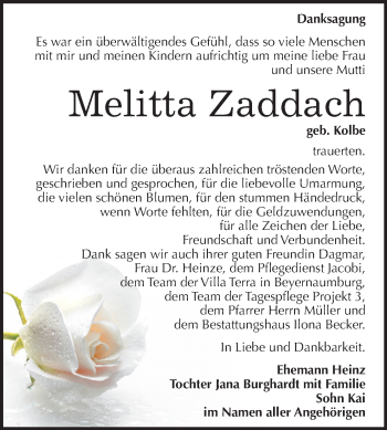 Traueranzeige von Melitta Zaddach von Mitteldeutsche Zeitung