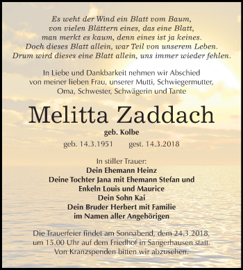 Traueranzeige von Melitta Zaddach von Mitteldeutsche Zeitung Sangerhausen