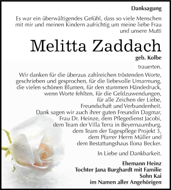 Traueranzeige von Melitta Zaddach von Super Sonntag SGH Mansf. Land