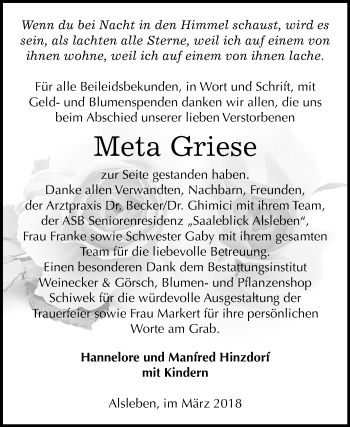 Traueranzeige von Meta Griese von Mitteldeutsche Zeitung Bernburg