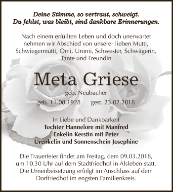 Traueranzeige von Meta Griese von Super Sonntag Bernburg