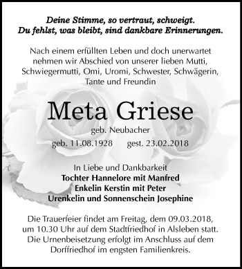 Traueranzeige von Meta Griese von Mitteldeutsche Zeitung Bernburg