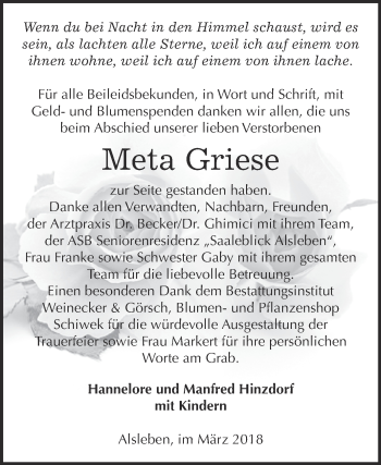 Traueranzeige von Meta Griese von Super Sonntag Bernburg