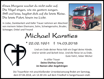 Traueranzeige von Michael Karsties von Mitteldeutsche Zeitung Sangerhausen