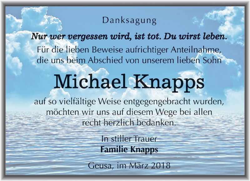  Traueranzeige für Michael Knapps vom 16.03.2018 aus Mitteldeutsche Zeitung Merseburg/Querfurt
