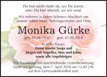 Traueranzeige von Monika Gürke von Mitteldeutsche Zeitung Halle/Saalkreis