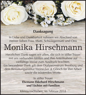 Traueranzeige von Monika Hirschmann von Mitteldeutsche Zeitung Bernburg
