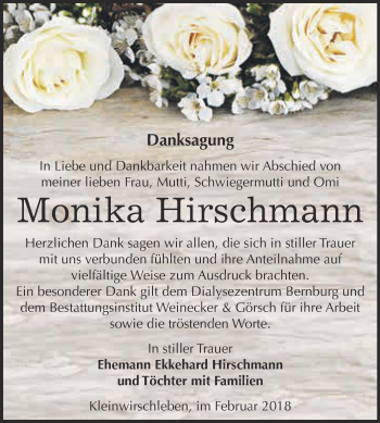 Traueranzeige von Monika Hirschmann von Super Sonntag Bernburg
