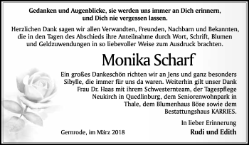 Traueranzeige von Monika Scharf von WVG - Wochenspiegel Quedlinburg
