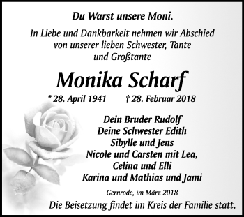 Traueranzeige von Monika Scharf von Mitteldeutsche Zeitung Quedlinburg