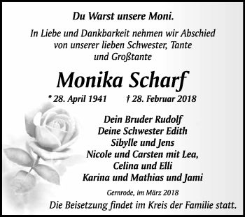 Traueranzeige von Monika Scharf von WVG - Wochenspiegel Quedlinburg